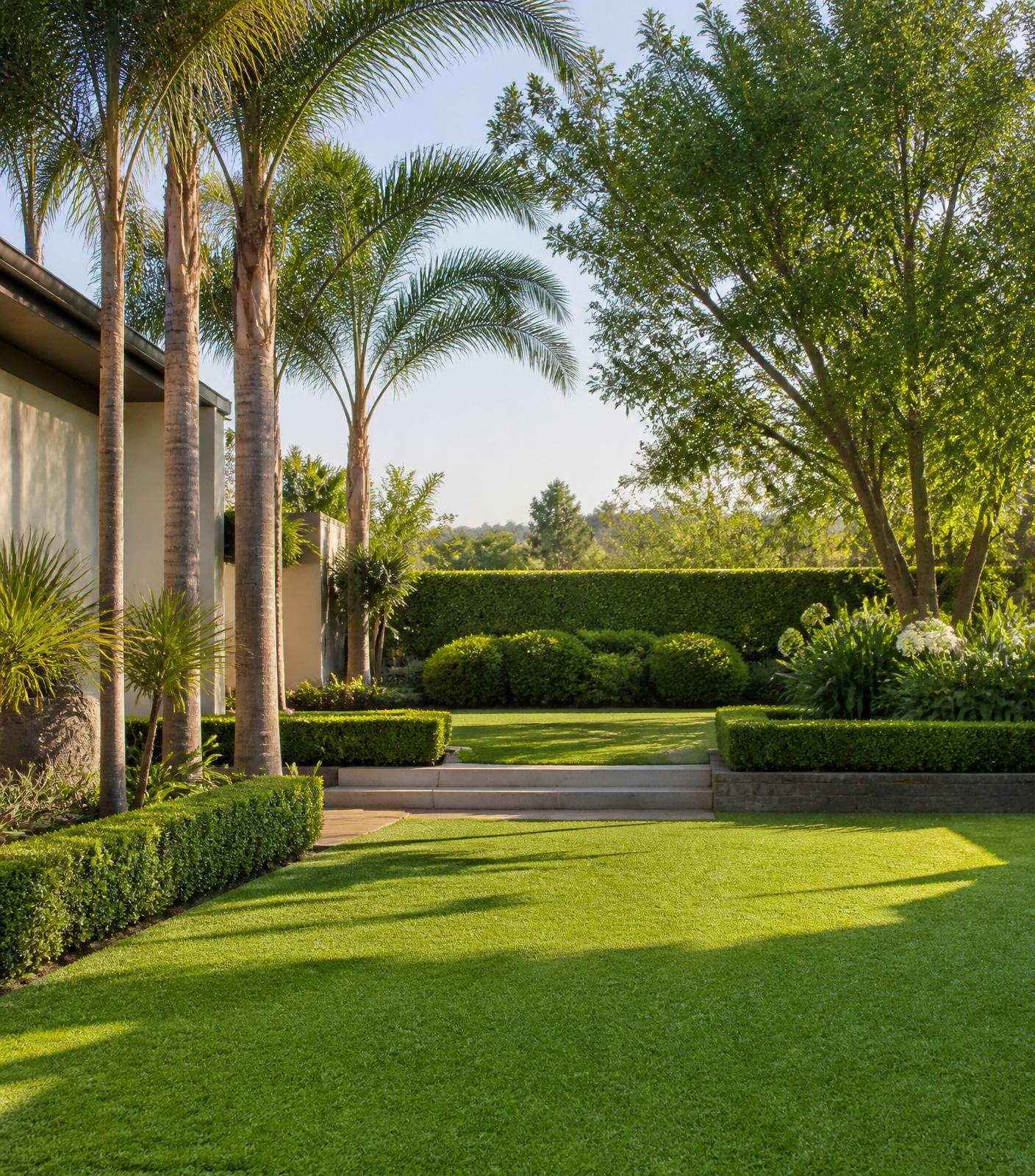 Beautifully manicured South African garden with palm trees